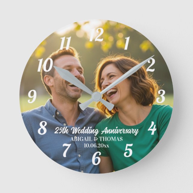 Add Your Own Couple Photo 25th Wedding Anniversary Round Clock (Front)