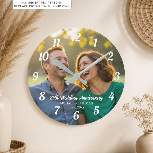 Add Your Own Couple Photo 25th Wedding Anniversary Round Clock