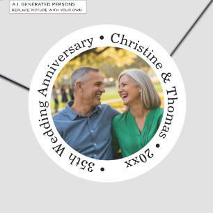 Add Your Own Couple Photo 35th Wedding Anniversary Classic Round Sticker