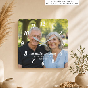 Add Your Own Couple Photo 50th Wedding Anniversary Square Wall Clock