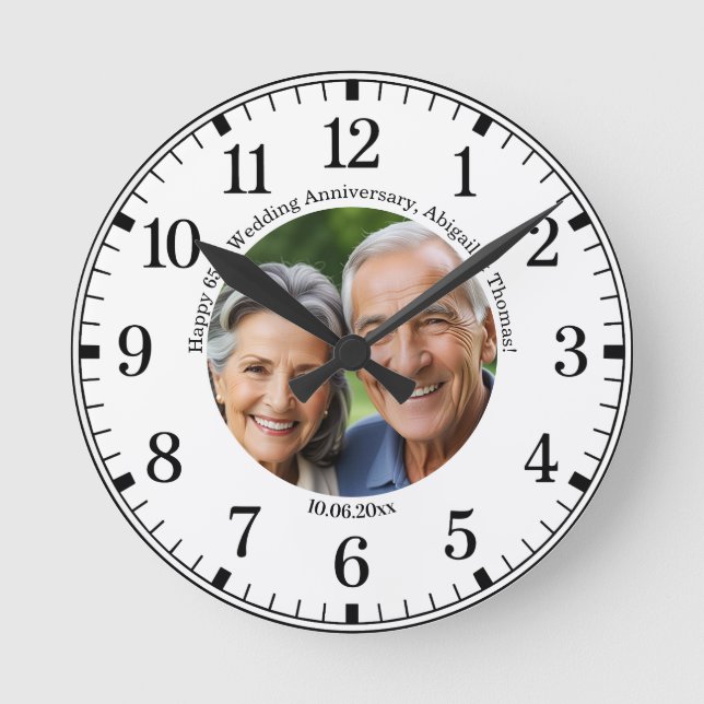Add Your Own Couple Photo 65th Wedding Anniversary Round Clock (Front)