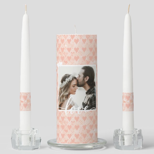 Add Your Own Custom Photo Love Hearts in Rose Gold Unity Candle Set (Front)