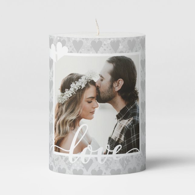 Add Your Own Custom Photo Love Hearts Silver Pillar Candle (Front)