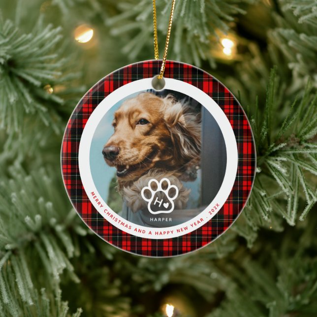 Add Your Own Dog Pets Photo Monogram Name Tartan Ceramic Ornament (Tree)