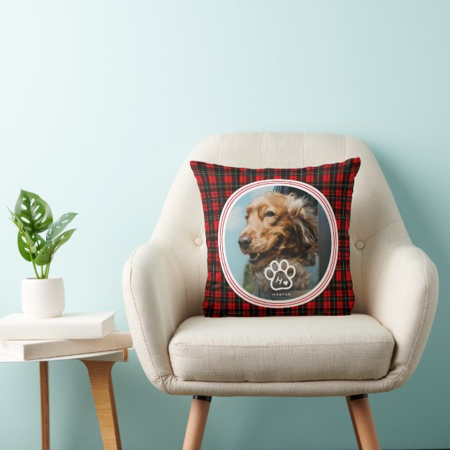 Add Your Own Dog Pets Photo Monogram Name Tartan Throw Pillow (Chair)