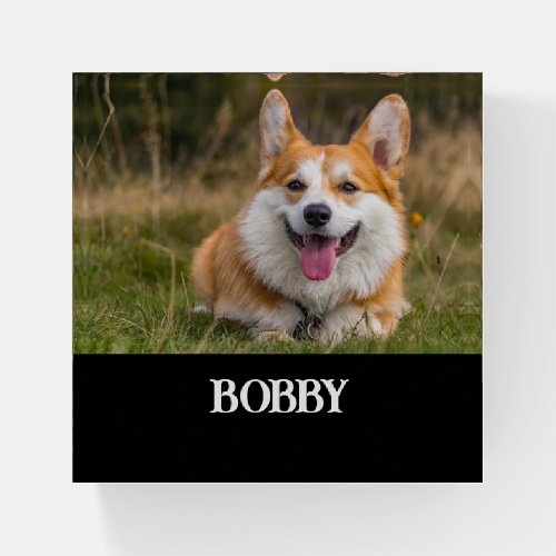 Add your own dog photo and name paperweight