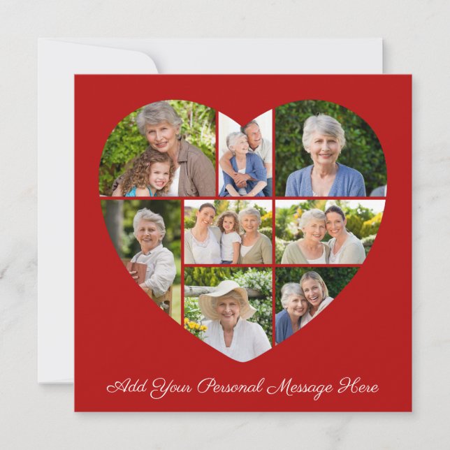Add Your Own Greeting 8 Photo Collage Heart Note Card (Front)