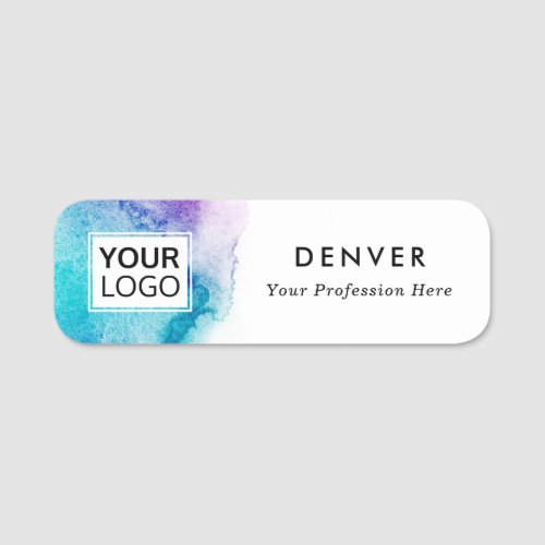 Add your own logo name title aqua blue watercolor name tag