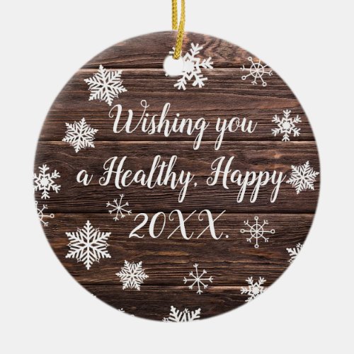 Add your own Message onto this Faux Wood and Snow Ceramic Ornament