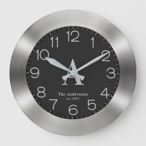 Add Your Own Monogram Black  Silver Family Name Large Clock