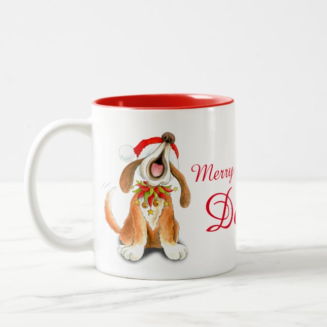 Add your own name Christmas singing dog red Two-Tone Coffee Mug (Left)