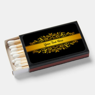 Add Your Own Name Text Words Gold Ribbon on Black  Matchboxes