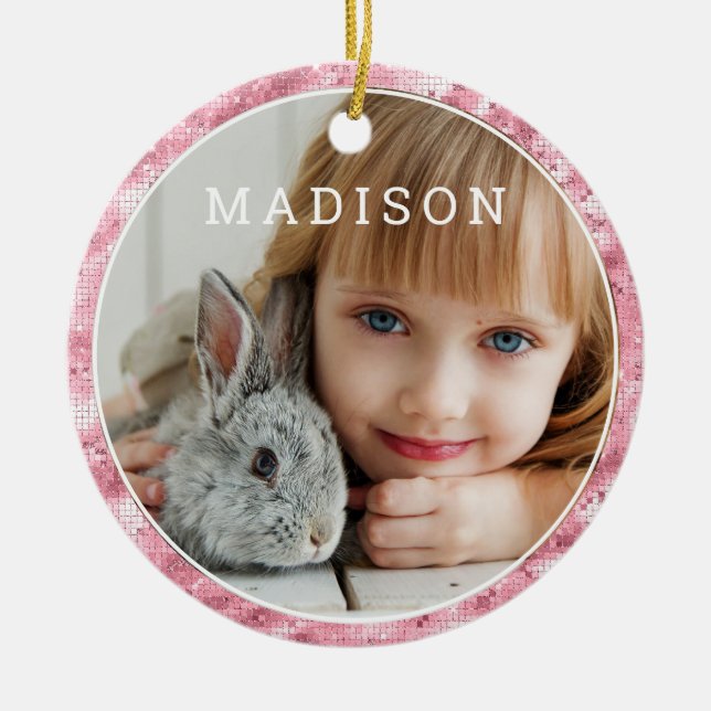 Add Your Own Photo Cute Pink Easter Personalized Ceramic Ornament (Front)