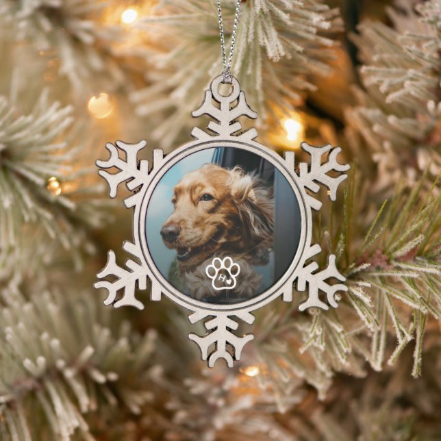 Add Your Own Photo Dog Pets Monogram Snowflake Pewter Christmas Ornament (Tree)