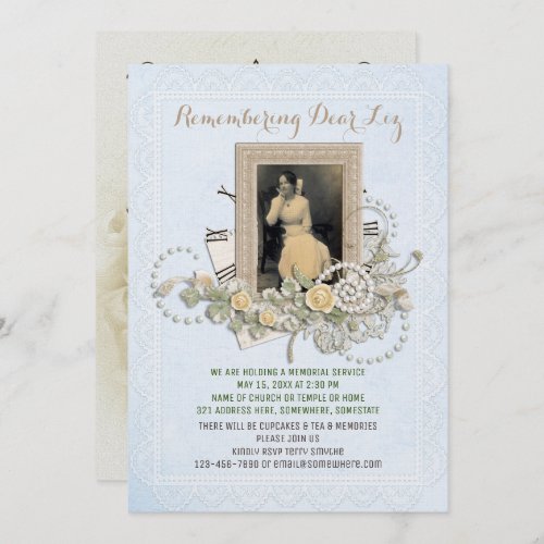 Add Your Own Photo Memorial Service Roses Pearls Invitation