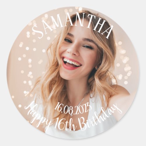 Add your own photo personalized 16th Birthday  Classic Round Sticker