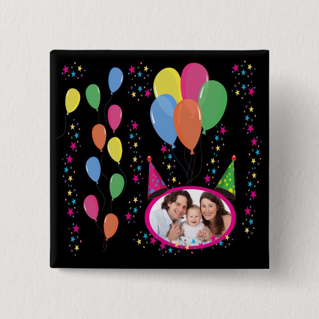 Add Your Own Photo to Party Hats and Balloons Button (Front)