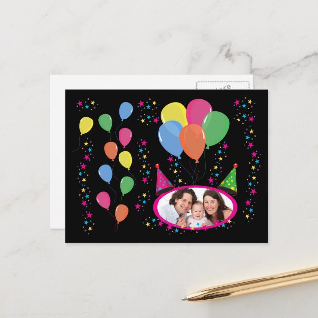 Add Your Own Photo to Party Hats and Balloons Postcard (Front/Back In Situ)