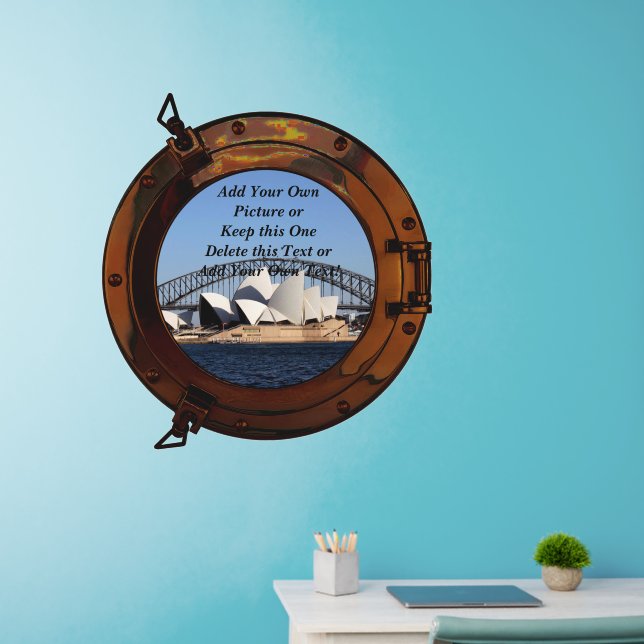Add Your Own Picture, Change Delete Text Porthole  Wall Decal (Home Office)