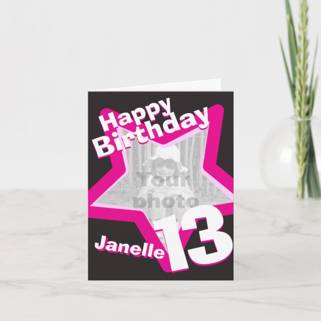 Add your own star photo pink 13th birthday card (Front)