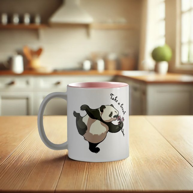 Add Your Own Text Cute Panda Smelling Blossom Two-Tone Coffee Mug (Creator Uploaded)
