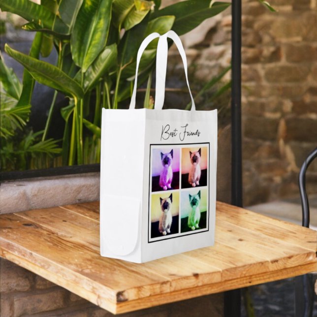 Add Your Personalized Fun Family or Pet Photos  Grocery Bag (side view reusable grocery tote with four cat placeholder templates)