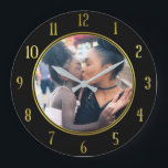 Add Your Personalized Photo | Gold Black Elegant Large Clock<br><div class="desc">This simply classy design includes your own photograph framed in black with faux (printed) gold trim and gold-colored numbers. Use the template to easily add your picture.</div>