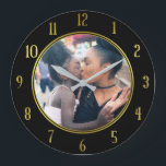 Add Your Personalized Photo | Gold Black Elegant Large Clock<br><div class="desc">This simply classy design includes your own photograph framed in black with faux (printed) gold trim and gold-colored numbers. Use the template to easily add your picture.</div>