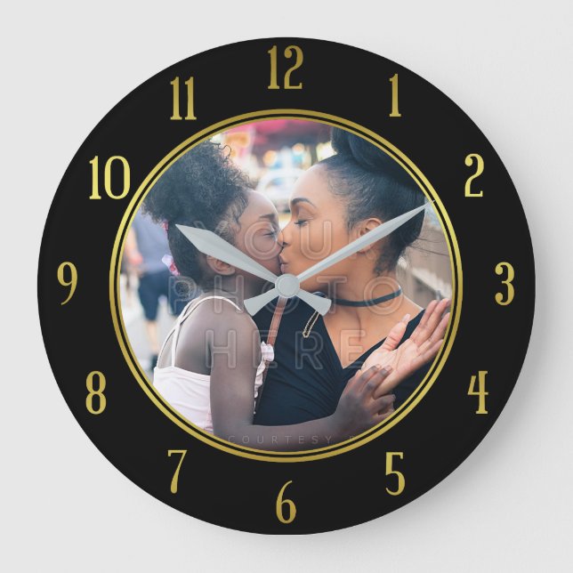 Add Your Personalized Photo | Gold Black Elegant Large Clock (Front)