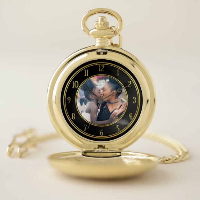 Add Your Personalized Photo | Gold Black Elegant Pocket Watch (Inside)
