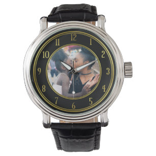 Add Your Personalized Photo Gold Black Elegant Watch