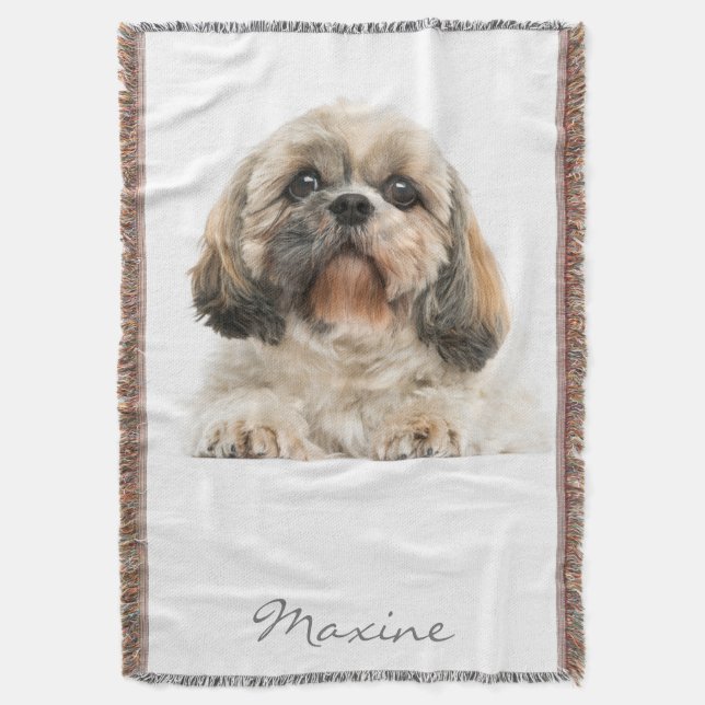 Add Your Pet Portrait Shih Tzu Dog Personalized Throw Blanket (Front Vertical)