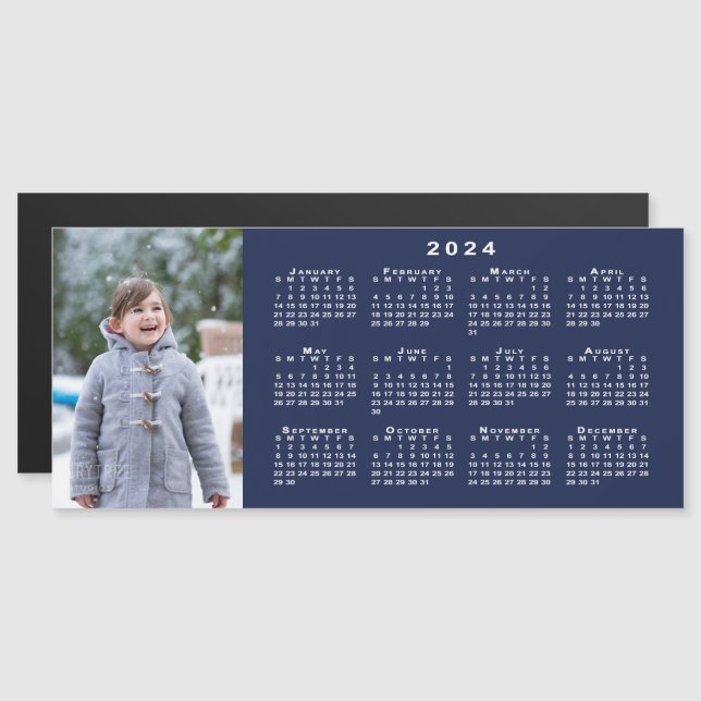 Add Your Photo 2024 Calendar on Navy Blue Magnet (Front/Back)