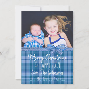 Add Your Photo Blue Plaid Christmas Invitation