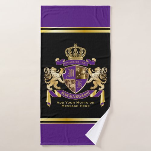 Add Your Photo Coat of Arms Monogram Emblem Purple Bath Towel