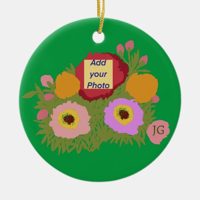 Add your photo Floral Pattern With Initial Green Ceramic Ornament (Front)