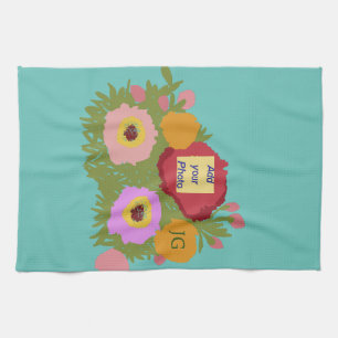 Add your photo Floral Pattern With Initial Teal Kitchen Towel