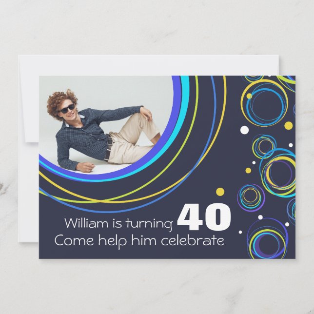 Add your photo funky 40th birthday invite navy (Front)