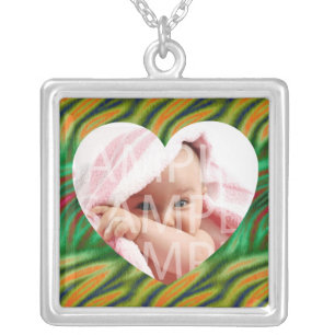 add your photo, green,yellow frame silver plated necklace