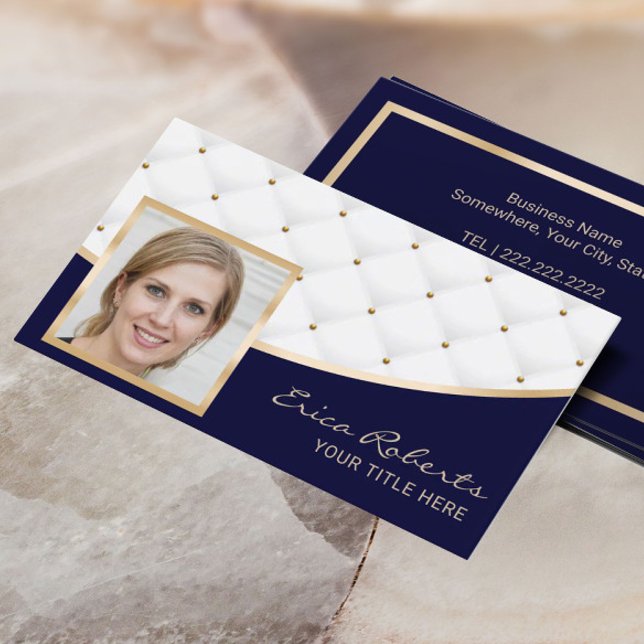 Add Your Photo Luxury Quilted Modern Navy & Gold Business Card (Creator Uploaded)