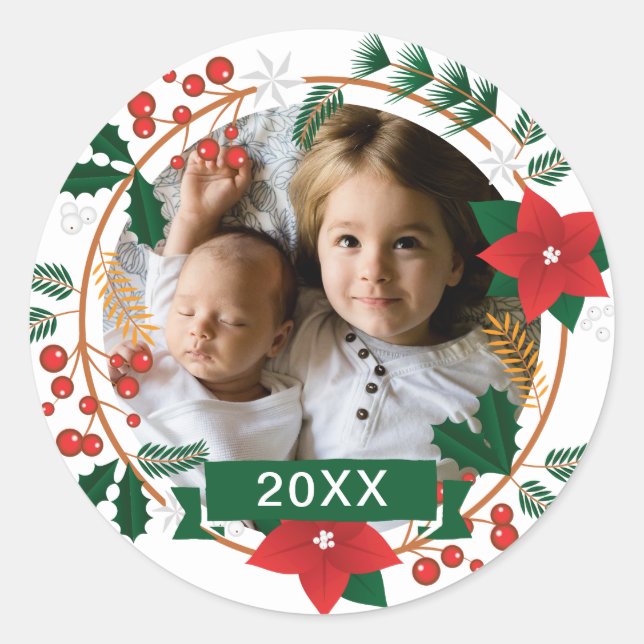 Add Your Photo | Merry Christmas Classic Round Sticker (Front)