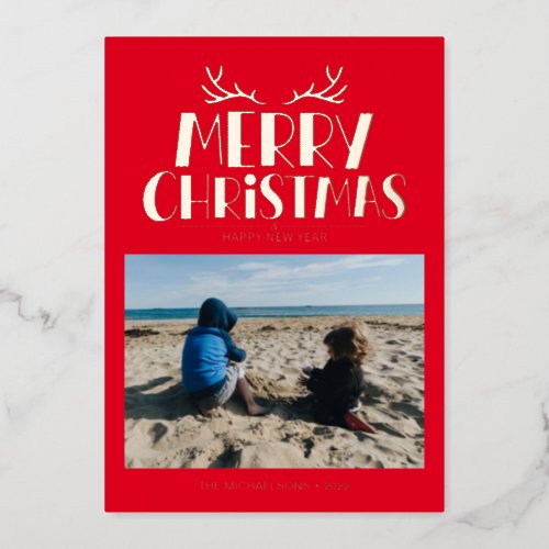 ADD YOUR PHOTO  Merry Christmas  Happy New Year Foil Holiday Card