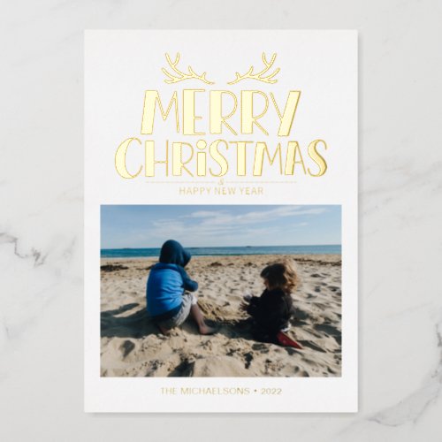 ADD YOUR PHOTO  Merry Christmas  Happy New Year Foil Holiday Card
