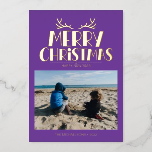 ADD YOUR PHOTO  Merry Christmas  Happy New Year Foil Holiday Card