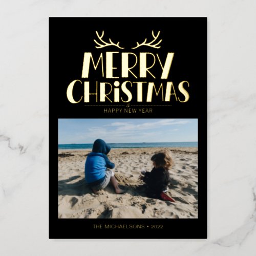 ADD YOUR PHOTO  Merry Christmas  Happy New Year Foil Holiday Card