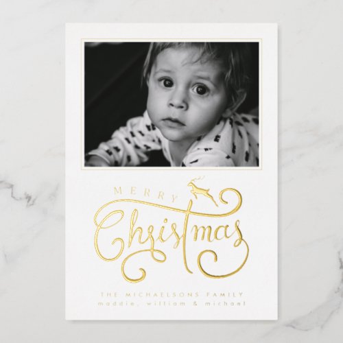 ADD YOUR PHOTO  Merry Christmas Reindeer Foil Holiday Card