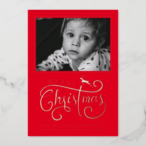 ADD YOUR PHOTO  Merry Christmas Reindeer Foil Holiday Card