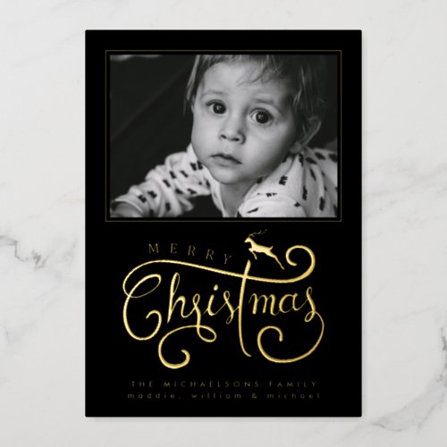 ADD YOUR PHOTO  Merry Christmas Reindeer Foil Holiday Card