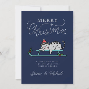 ADD YOUR PHOTO Merry Christmas Winter Sled Cat Invitation