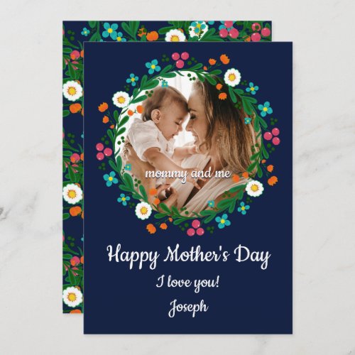 Add Your Photo Mommy and Me Colorful Floral Wreath Holiday Card